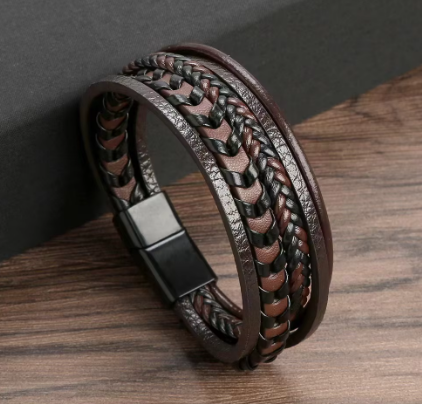 Herren Leder Armband – 5-Strang Flechtarmband mit Magnetverschluss