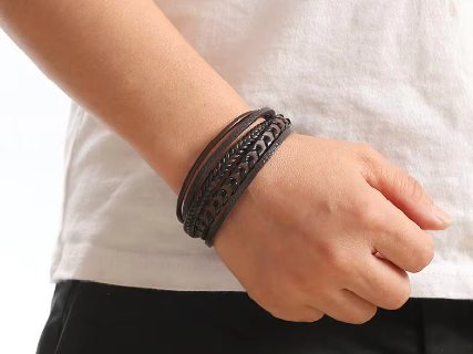 Herren Leder Armband – 5-Strang Flechtarmband mit Magnetverschluss