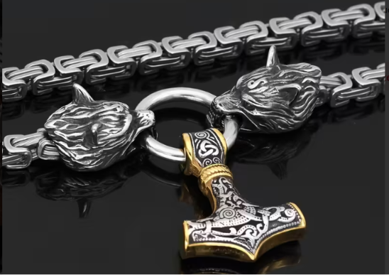 Massive Edelstahl Halskette – Thor's Hammer mit Fenris Wolf