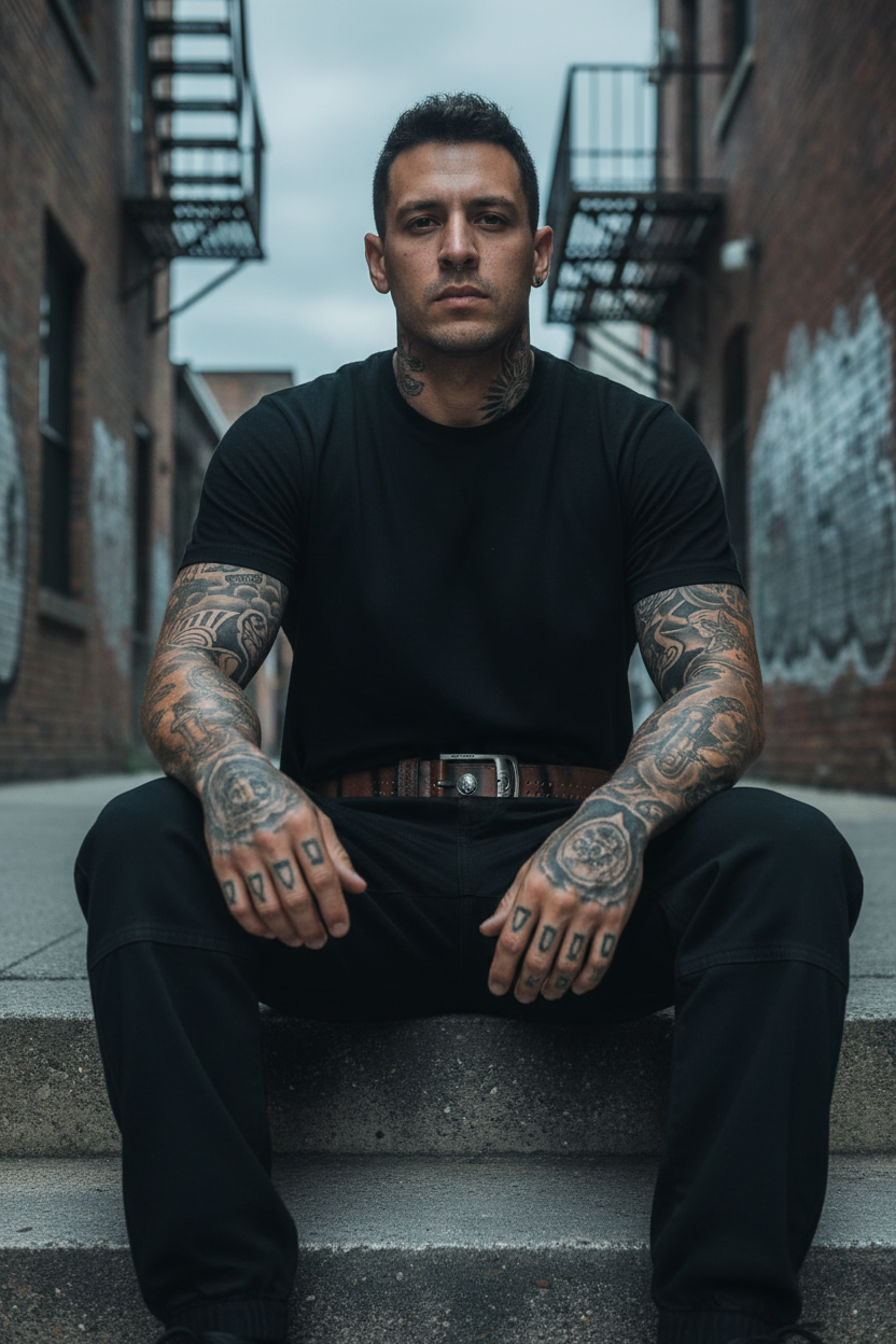 Tätowierter Mann mit Gürtel – Street Style