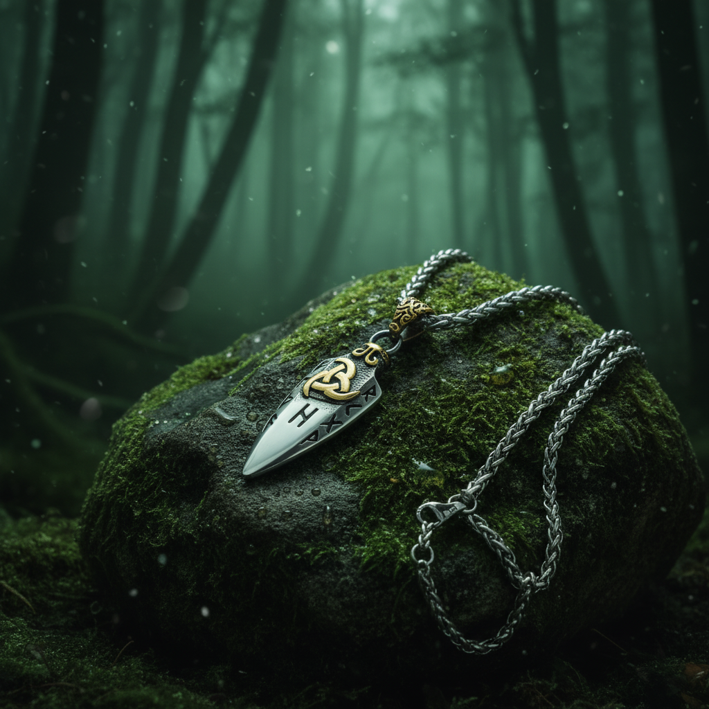 Gungnir Halskette auf Moos und Stein im Wald