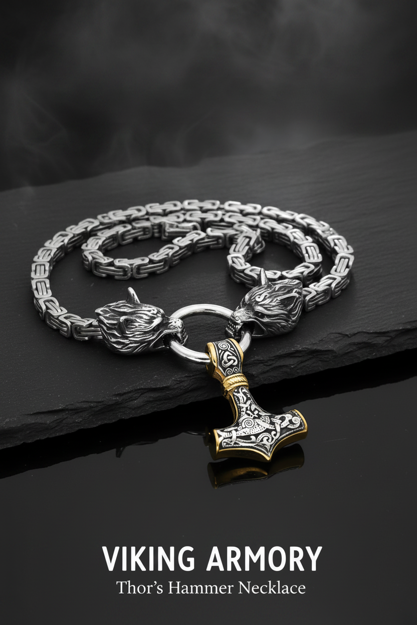 Thor's Hammer Mjolnir mit Fenriswolf – Viking Halskette Edelstahl Gold Silber