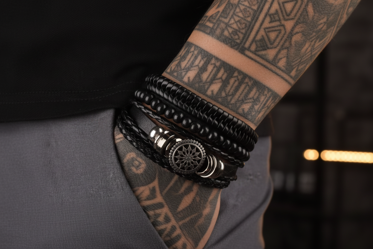 Black Leather Bracelet Set – Lifestyle Tattoo