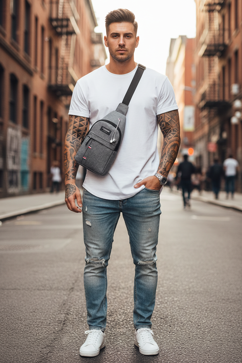 Tätowierter Mann mit korrekter Sling Bag