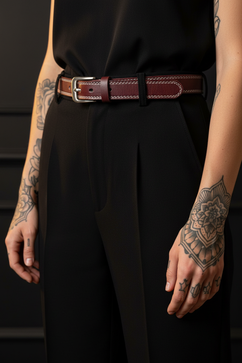 Taille Detail mit bordeauxrotem Gürtel